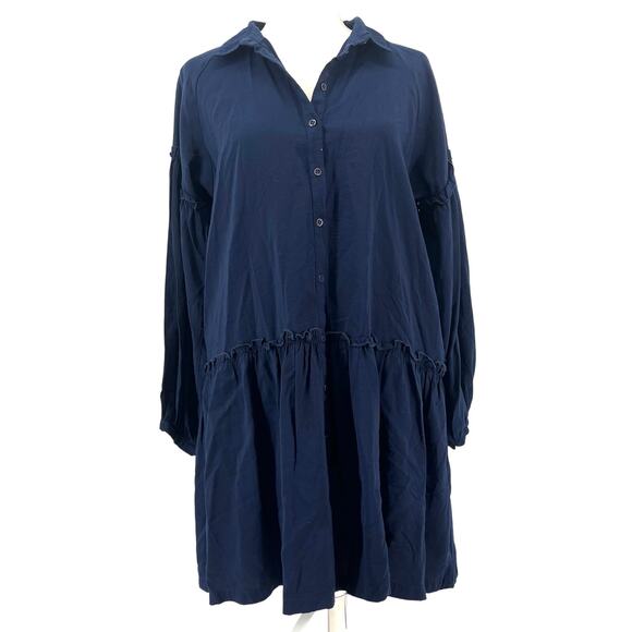 Free People Navy Button Front Drop Waist Long Sleeve Mini Dress M Viscose blend - Picture 1 of 8